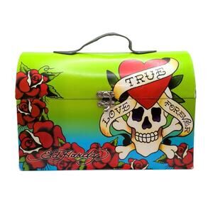 VTG Y2K Ed Hardy Lisa Frank Skull Roses Green Storage Box Case with Handle